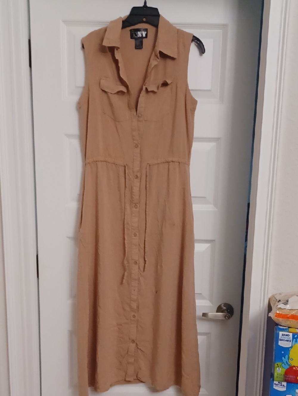 Sleeveless DKNY Maxi Shirt Dress in Camel
